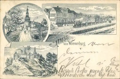 Litho Wiesenburg Wildenfels im Erzgebirge, Schloss, Gasthaus, Bahnhof