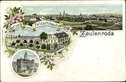 Litho Zeulenroda in Thüringen, Panorama, Gastwirtschaft Feldschlösschen, Rathaus