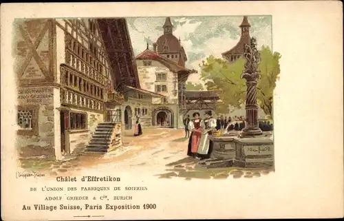 Künstler Litho Paris, Weltausstellung 1900, Schweizer Dorf, Chalet d'Effretikon