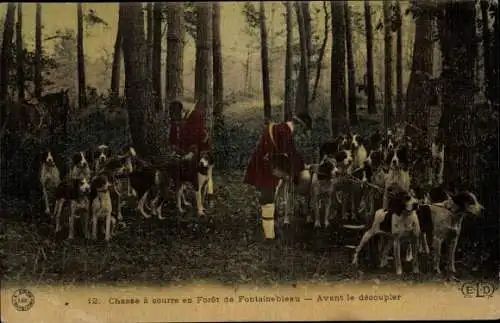 Ak Fontainebleau Seine et Marne, Jagd, vor dem Abkuppeln