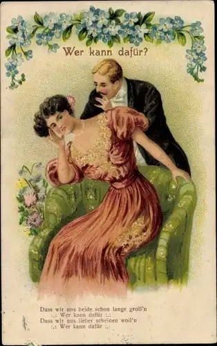 Präge Ak Wer kann dafür, Liebespaar im Streit, Sessel, Vergissmeinnicht