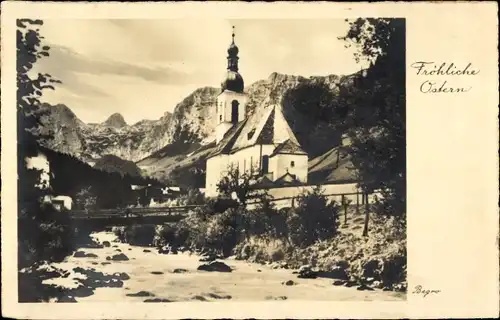 Künstler Ak Begro, Glückwunsch Ostern, Kirche, Fluss, Brücke