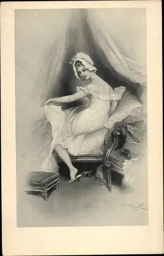 Künstler Litho Junge Frau im Bett, Unterwäsche