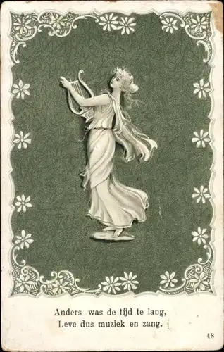 Litho Junge Frau mit Lyra, Musikinstrument, Blumen