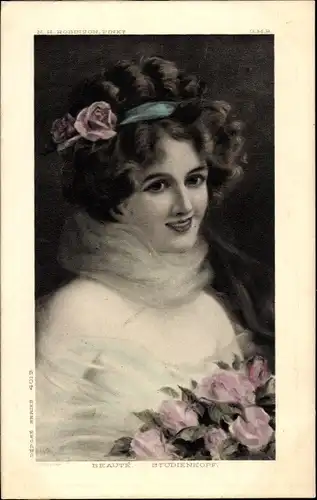 Künstler Ak Robinson, N. H., Junge Frau, Portrait, Studienkopf, Blumen