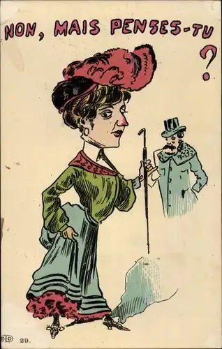 Ak Frau mit roter Nase, Hut, Gehstock, Karikatur