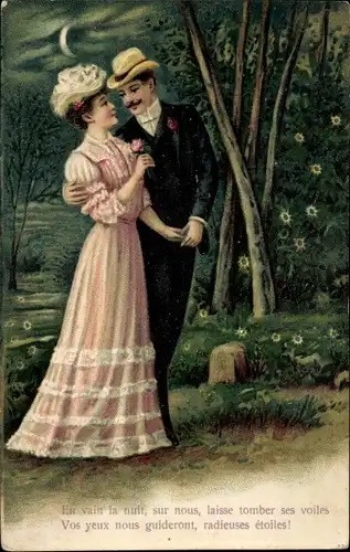 Präge Ak Liebespaar, Treffen beim Mondschein, Liebe