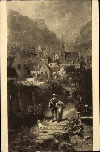 Künstler Ak Spitzweg, C., Liebespaar, Hund, Kirche, Wohnhäuser