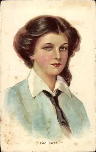 Künstler Ak Portrait einer jungen Frau, Krawatte, Hemd, Dunkle Haare