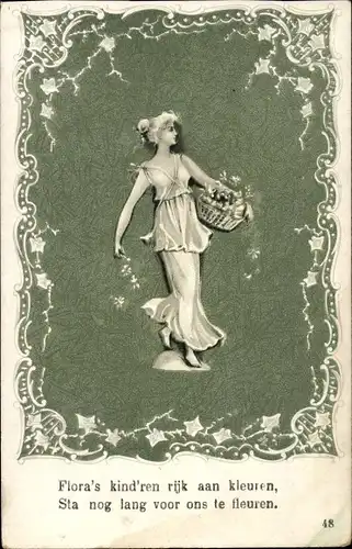 Litho Junge Frau mit Blumenkorb, Portrait