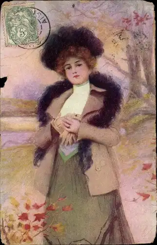 Ak Portrait einer Frau, Hut, Schal, Mantel, Spaziergang, Herbst