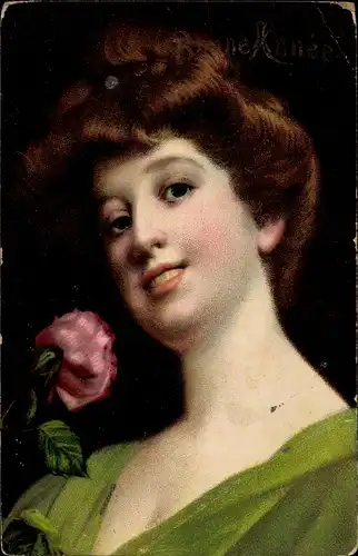 Ak Glückwunsch Neujahr, Frau mit Rose, Portrait