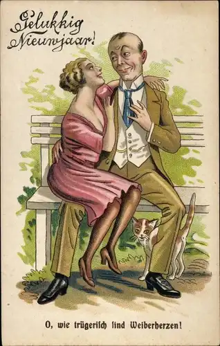 Ak Glückwunsch Neujahr, O wie trügerisch sind Weiberherzen, Liebespaar