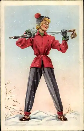 Künstler Ak Frau mit Skistöcken, Portrait, Winter, Schnee