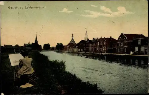 Ak Leidschendam Südholland, Häuserzeile am Wasser, Maler, Staffelei