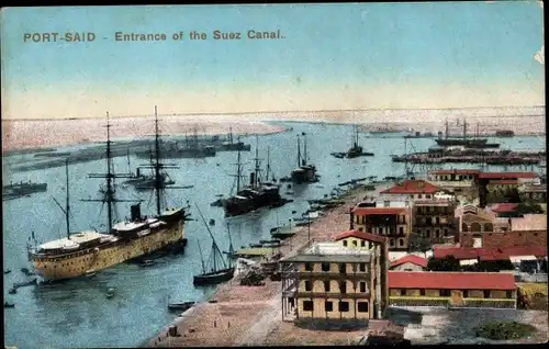 Ak Port Said Ägypten, Sueskanal, Eingang des Suezkanals, Segeldampfer