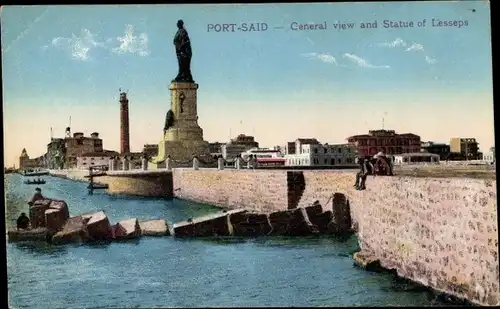 Ak Port Said Ägypten, Gesamtansicht und Statue des Lesseps, Denkmal, Kaimauer