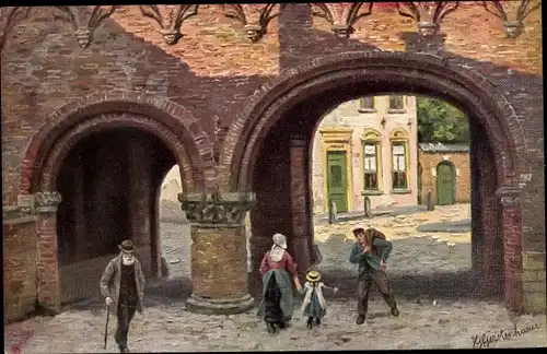 Künstler Ak Gerstenhauer, Johann Georg, Niederländisches Stadtmotiv, Torbogen, Personen