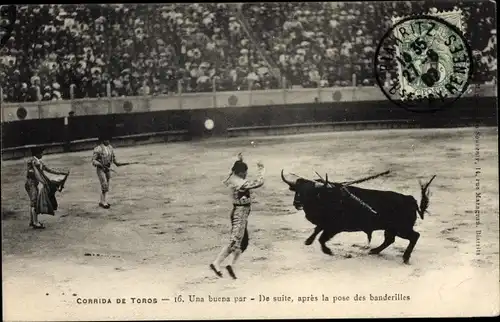 Ak Bullfight, Ein gutes Paar, De suite, nach der Pose des Flagerilles