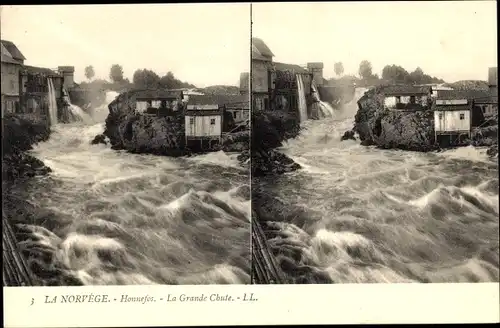 Stereo Ak Honnefoss Norwegen, La Grande Chute, Wasserfall und reißender Fluss