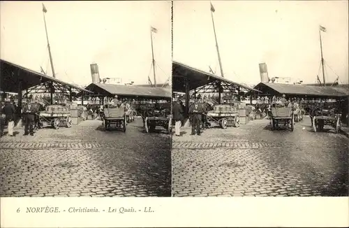 Stereo Ak Christiania Oslo Norwegen, Les Quais, Hafen, Schiff, Karren