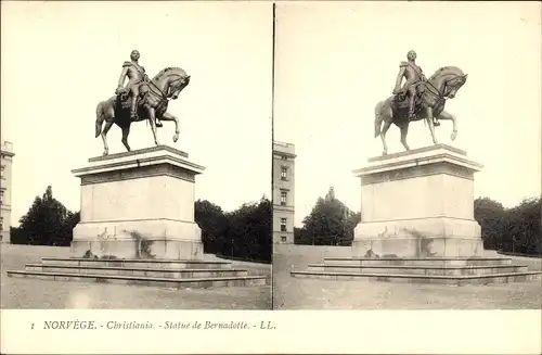 Stereo Ak Christiania Oslo Norwegen, Statue de Bernadotte, Reiterstatue