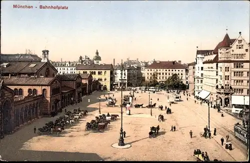 Ak München, Bahnhofsplatz, Kutsche, Tram