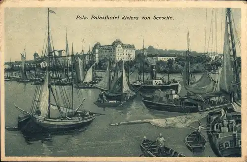 Ak Pola Pula Kroatien, Hafen, Palasthotel Riviera