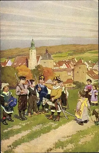 Lied Ak Hey, Paul, Wer will unter die Soldaten, Volksliederkarte Nr. 17, Kinder, Pickelhauben