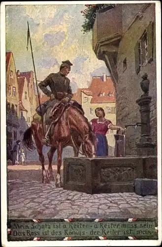 Lied Künstler Ak Hey, Paul, Volksliederkarten Nr. 37, Mein Schatz ist a Reiter, Ulan am Brunnen