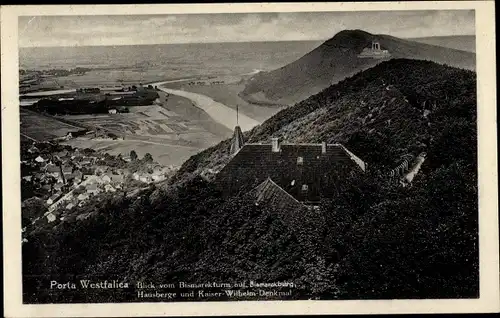 Ak Porta Westfalica an der Weser, Blick vom Bismarckturm, Bismarckburg, Kaiser-Wilhelm-Denkmal