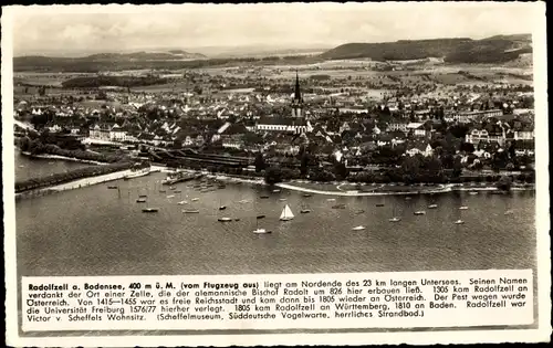 Ak Radolfzell am Bodensee, Panorama, Kirchturm, Boote, Fliegeraufnahme