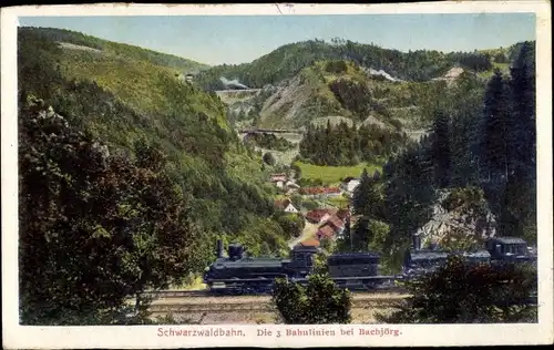 Ak Triberg im Schwarzwald, Gasthaus Bachjörg, Schwarzwaldbahn, 3 Bahnlinien, Eisenbahn