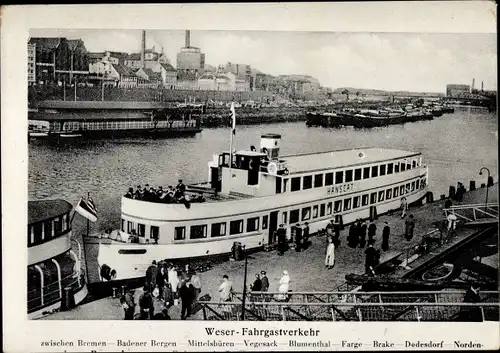 Ak Hansestadt Bremen, Weser-Fahrgastverkehr, Schiff Hanseat, Anleger, Schiffe, Hafen