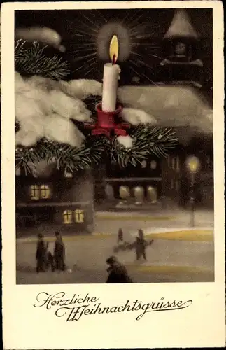 Ak Glückwunsch Weihnachten, Ortschaft im Winter, brennende Kerze