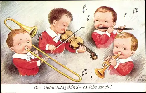 Künstler Ak Wills, John, Glückwunsch zum Geburtstag, musizierende Kinder, Musikinstrumente
