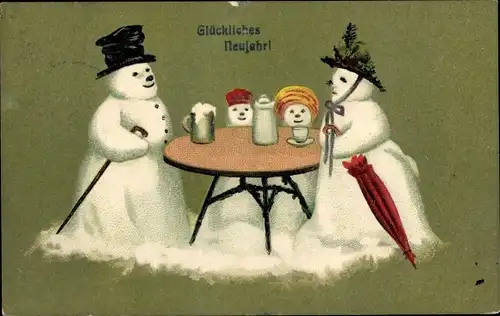 Präge Ak Glückwunsch Neujahr, Schneemänner am Tisch, Bier