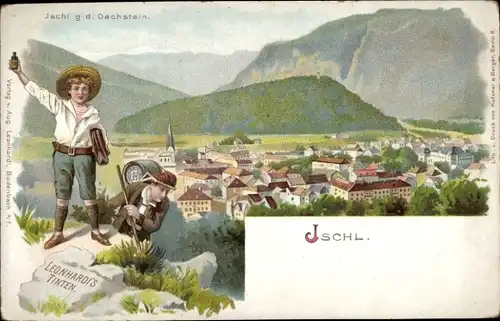 Litho Bad Ischl in Oberösterreich, Panorama gegen Dachstein, Reklame Leonhardi's Tinten