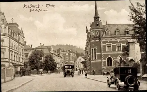 Ak Pößneck in Thüringen, Bahnhofstraße, Autobus