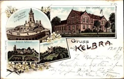 Litho Kelbra am Kyffhäuser, Hotel Lindenhof, Kaiser-Wilhelm-Denkmal, Burgruine, Rothenburg