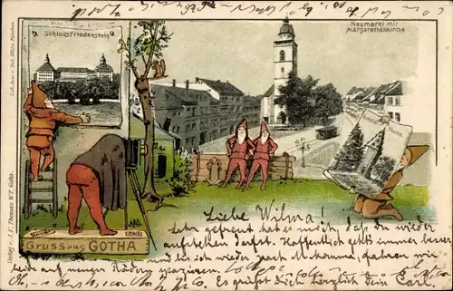 Ak Gotha Thüringen, Schloss Friedenstein, Neumarkt mit Margarethenkirche, Zwerge