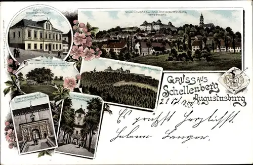 Litho Augustusburg im Erzgebirge, Schellenberg, Hotel weißer Hirsch, Schloss, Linde