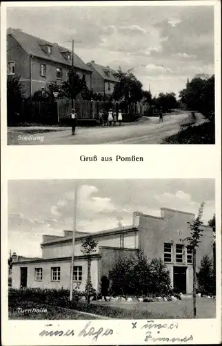 Ak Pomßen Parthenstein in Sachsen, Siedlung, Turnhalle