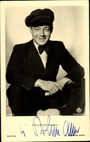 Ak Schauspieler Heinz Rühmann, Portrait, Mütze, Ross Verlag Nr. A 2678/2, Autogramm