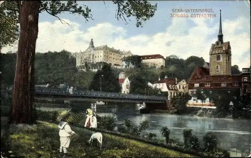 Ak Untermhaus Gera in Thüringen, Schloss Osterstein, Elsterbrücke, Kirche, Kinder