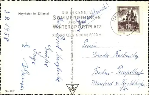 Ak Mayrhofen im Zillertal Tirol, Straßenpartie, Kirche