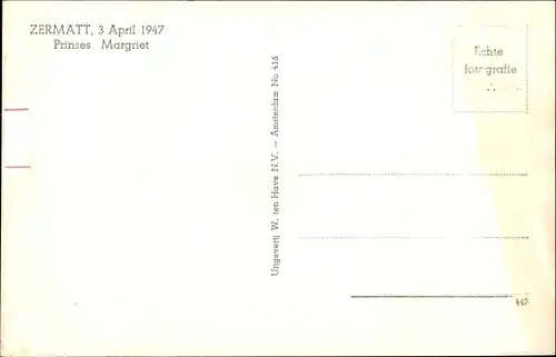 Ak Prinzessin Margriet der Niederlande, Winterurlaub in Zermatt, 1947