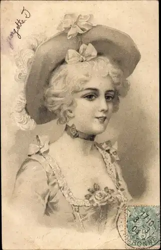 Litho Gemaltes Portrait einer jungen Frau, Hut, Blumen, Schleifen