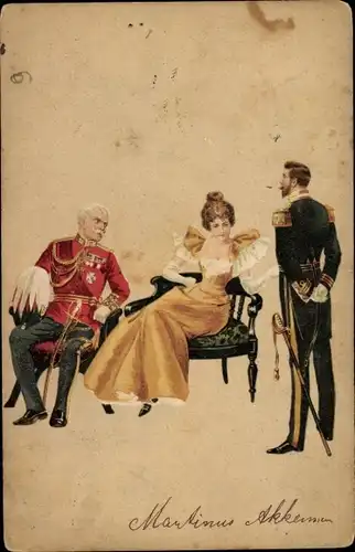 Litho Frau mit zwei Verehrern, Männer in Uniformen, Liebe