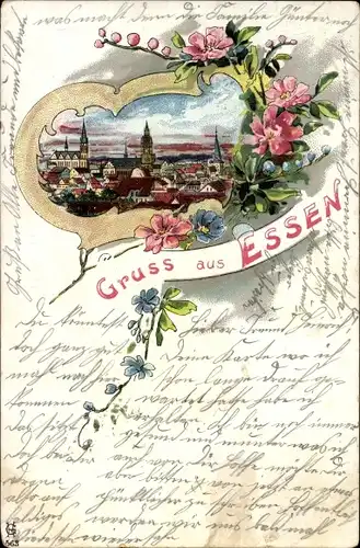 Passepartout Litho Essen im Ruhrgebiet, Ortsansicht, Kirchen